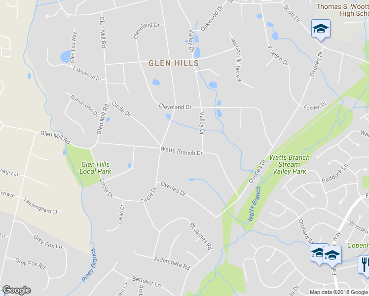 map of restaurants, bars, coffee shops, grocery stores, and more near 9707 Watts Branch Drive in Rockville