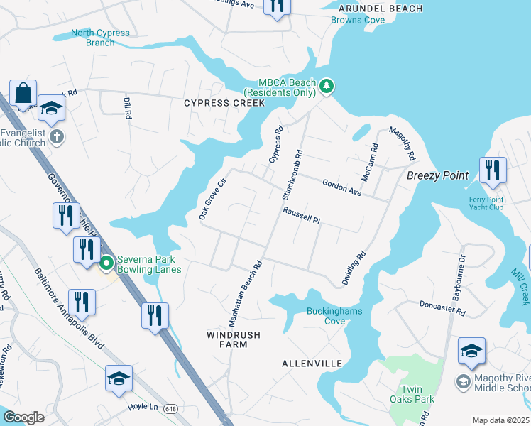 map of restaurants, bars, coffee shops, grocery stores, and more near 785 Brackley Road in Severna Park