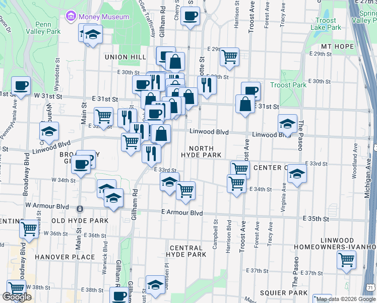 map of restaurants, bars, coffee shops, grocery stores, and more near 3237 Holmes Street in Kansas City