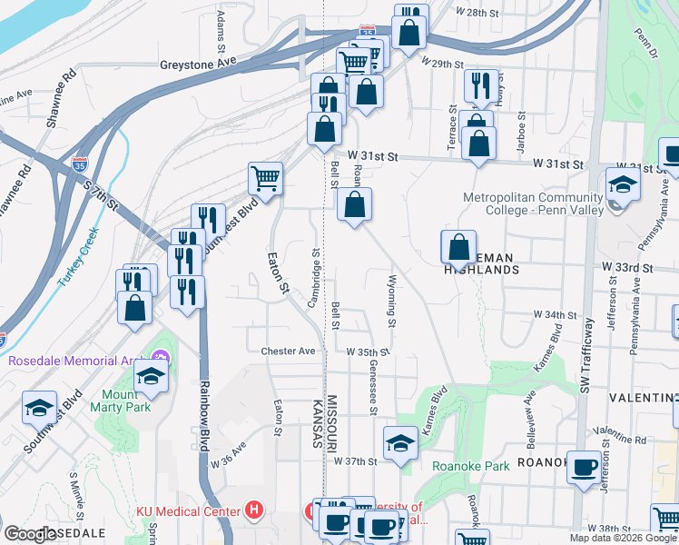 map of restaurants, bars, coffee shops, grocery stores, and more near 3303 Bell Street in Kansas City