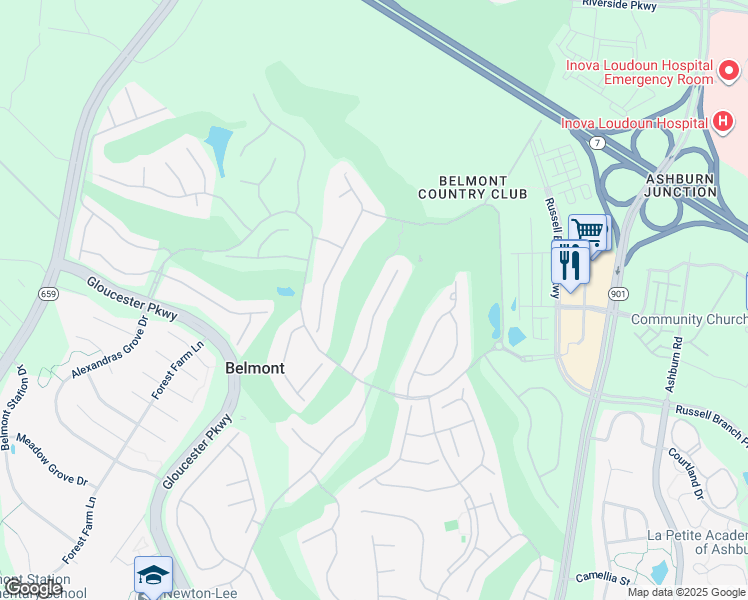map of restaurants, bars, coffee shops, grocery stores, and more near 19833 Bethpage Ct in Ashburn
