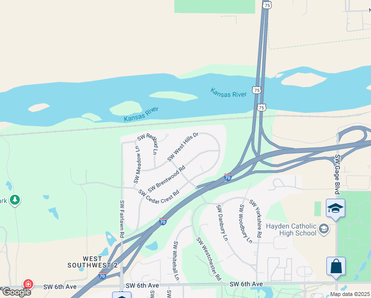 map of restaurants, bars, coffee shops, grocery stores, and more near 4909 Southwest West Hills Drive in Topeka