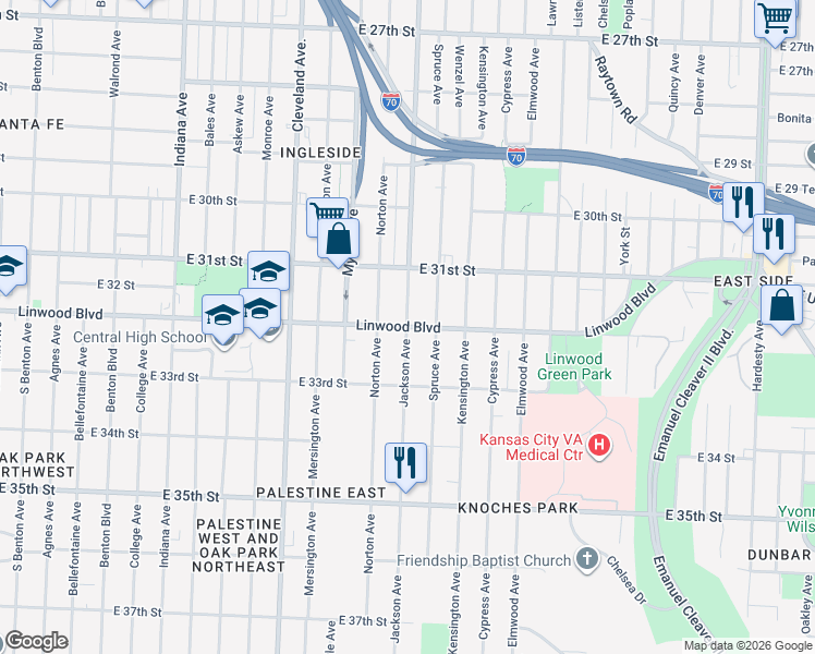 map of restaurants, bars, coffee shops, grocery stores, and more near Jackson Ave & E Linwood Blvd in Kansas City