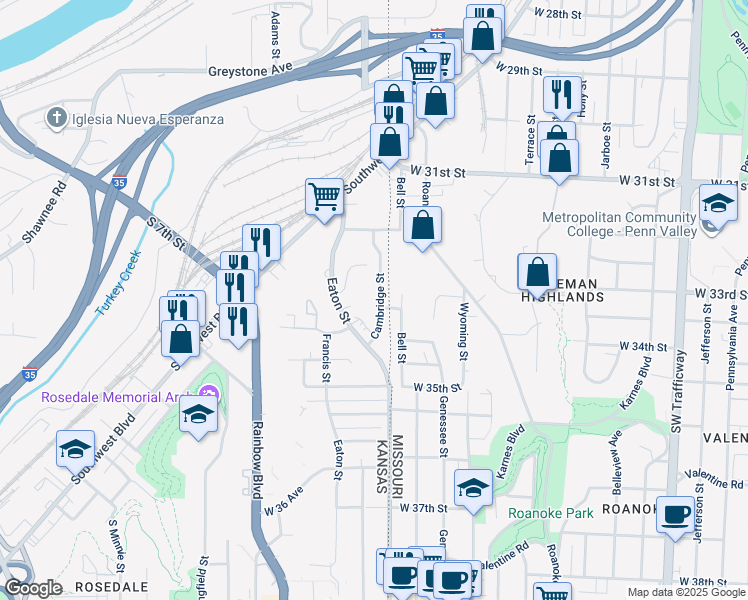 map of restaurants, bars, coffee shops, grocery stores, and more near 334 Cambridge Street in Kansas City