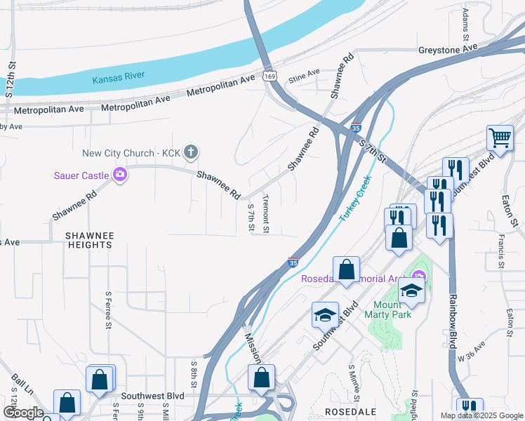 map of restaurants, bars, coffee shops, grocery stores, and more near 1866 Tremont Street in Kansas City