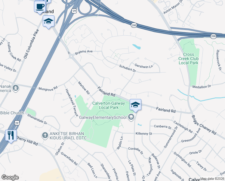 map of restaurants, bars, coffee shops, grocery stores, and more near 2900 Memory Lane in Silver Spring