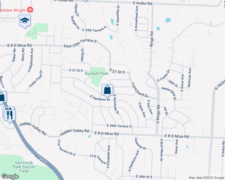 map of restaurants, bars, coffee shops, grocery stores, and more near 2804 South Seminole Drive in Independence