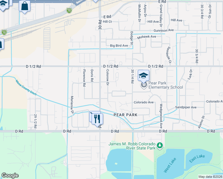 map of restaurants, bars, coffee shops, grocery stores, and more near 434 Colorow Drive in Grand Junction