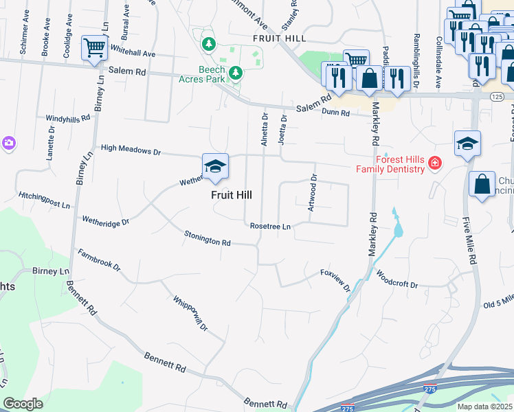 map of restaurants, bars, coffee shops, grocery stores, and more near 977 Alnetta Drive in Cincinnati