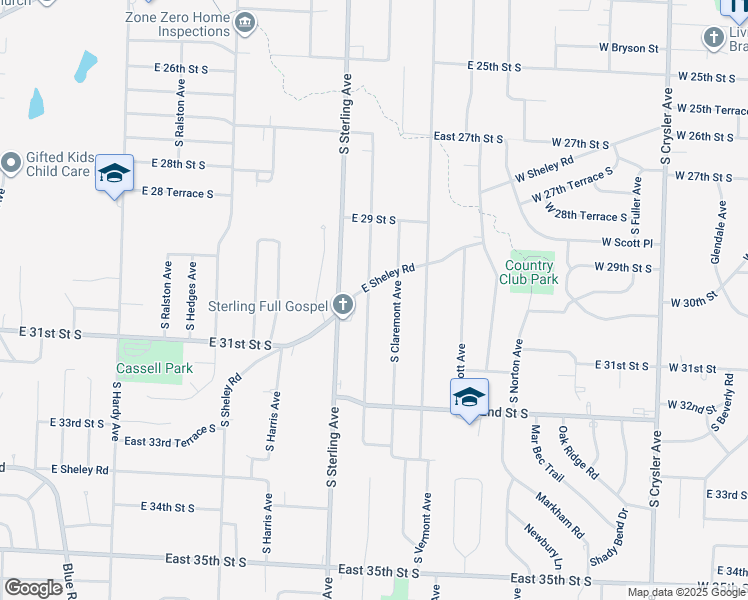 map of restaurants, bars, coffee shops, grocery stores, and more near 3014 South Claremont Avenue in Independence