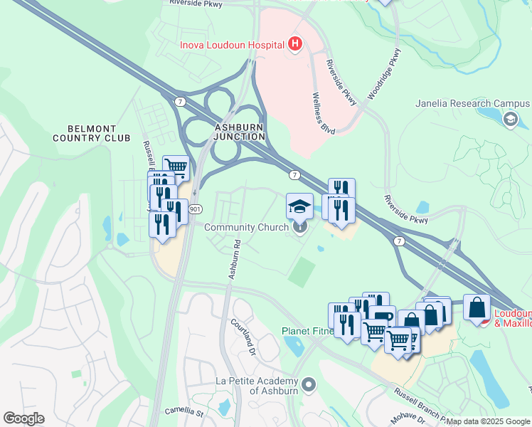 map of restaurants, bars, coffee shops, grocery stores, and more near 19886 Ashburn Road in Ashburn