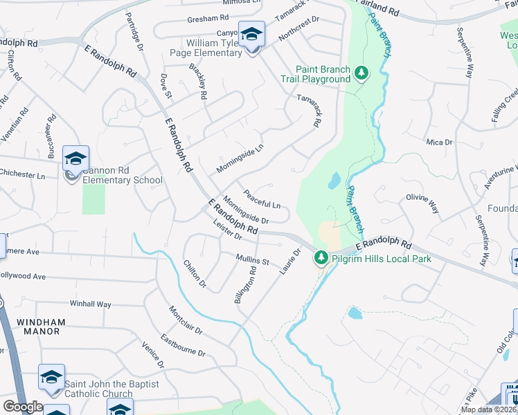 map of restaurants, bars, coffee shops, grocery stores, and more near 1405 Peaceful Lane in Silver Spring