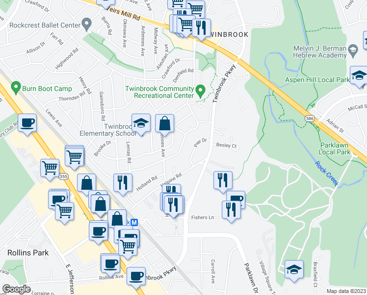 map of restaurants, bars, coffee shops, grocery stores, and more near 5810 Vandegrift Avenue in Rockville