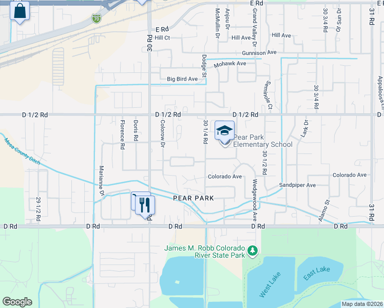 map of restaurants, bars, coffee shops, grocery stores, and more near 400 Elmwood Drive in Grand Junction