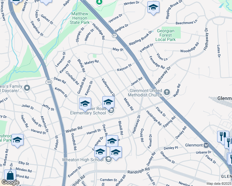 map of restaurants, bars, coffee shops, grocery stores, and more near 12829 Matey Road in Silver Spring