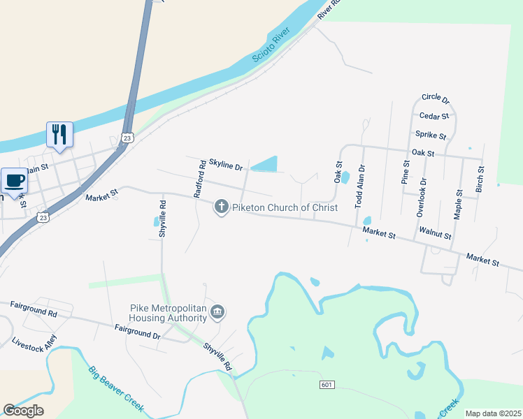 map of restaurants, bars, coffee shops, grocery stores, and more near 509 Market Street in Piketon