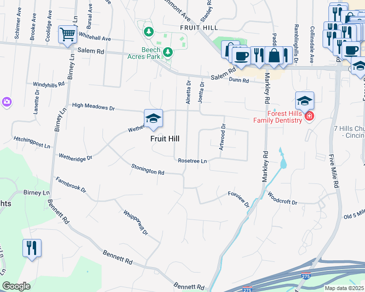 map of restaurants, bars, coffee shops, grocery stores, and more near 977 Alnetta Drive in Cincinnati