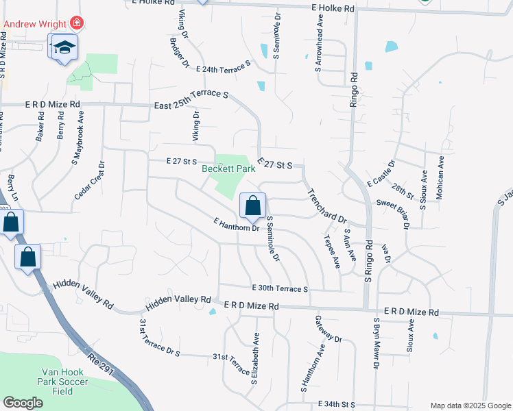 map of restaurants, bars, coffee shops, grocery stores, and more near 2804 South Seminole Drive in Independence