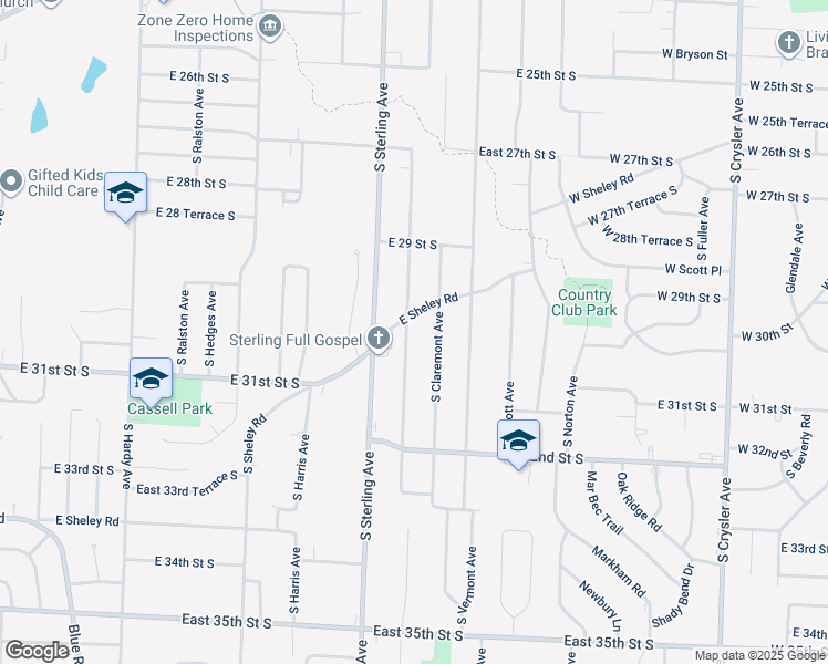 map of restaurants, bars, coffee shops, grocery stores, and more near 3014 South Claremont Avenue in Independence