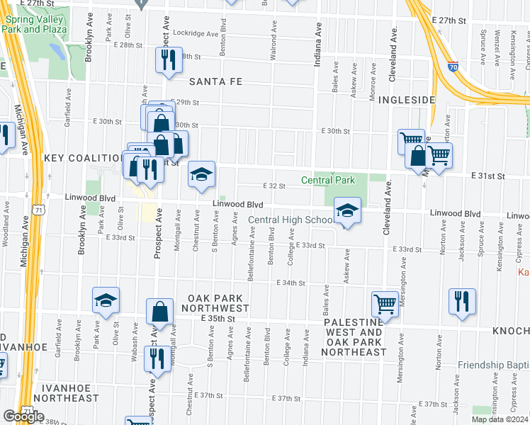 map of restaurants, bars, coffee shops, grocery stores, and more near 3115 Linwood Boulevard in Kansas City