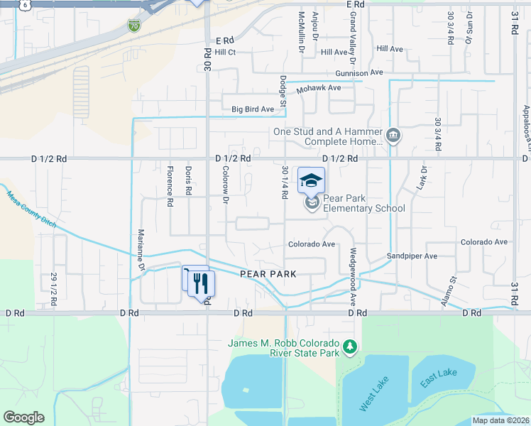 map of restaurants, bars, coffee shops, grocery stores, and more near 3016 Oakwood Drive in Grand Junction