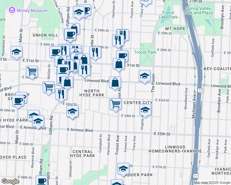 map of restaurants, bars, coffee shops, grocery stores, and more near 3230 Troost Avenue in Kansas City