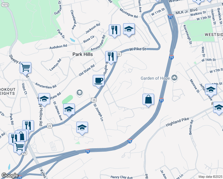 map of restaurants, bars, coffee shops, grocery stores, and more near 1139 Mount Allen Road in Park Hills