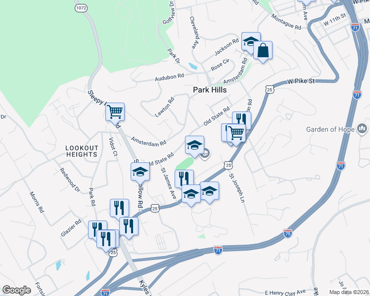 map of restaurants, bars, coffee shops, grocery stores, and more near 1319 Old State Road in Park Hills