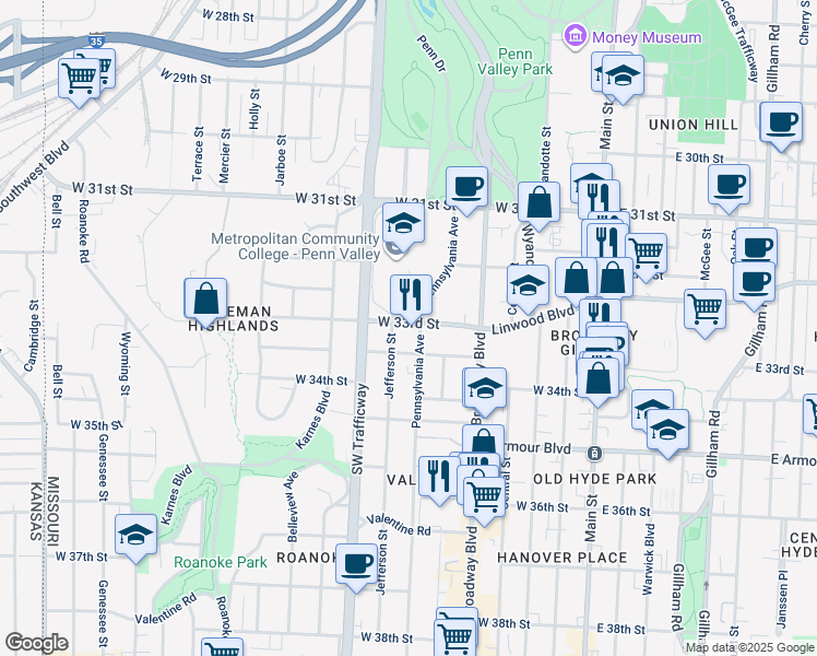 map of restaurants, bars, coffee shops, grocery stores, and more near 609 West 33rd Street in Kansas City