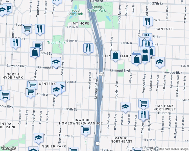 map of restaurants, bars, coffee shops, grocery stores, and more near 3214 Michigan Avenue in Kansas City
