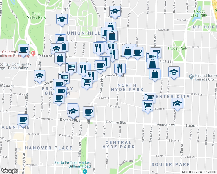 map of restaurants, bars, coffee shops, grocery stores, and more near 3238 Gillham Road in Kansas City