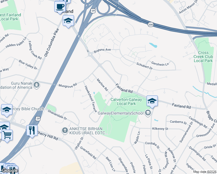map of restaurants, bars, coffee shops, grocery stores, and more near 2932 Marlow Road in Silver Spring