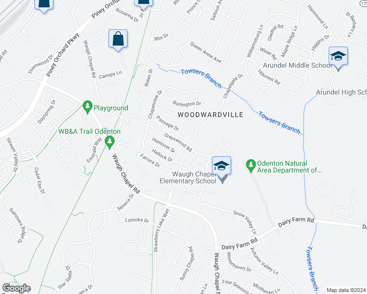 map of restaurants, bars, coffee shops, grocery stores, and more near 702 Chapelgate Drive in Odenton