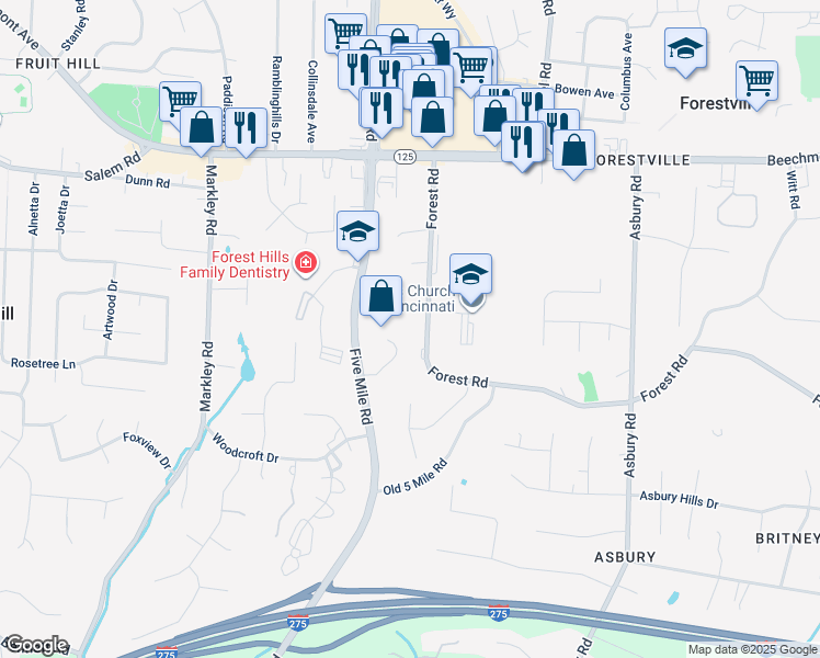 map of restaurants, bars, coffee shops, grocery stores, and more near 7621 Forest Road in Cincinnati