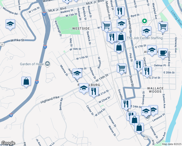 map of restaurants, bars, coffee shops, grocery stores, and more near 1815 Holman Street in Covington