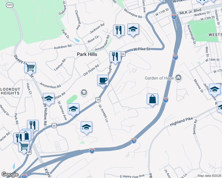 map of restaurants, bars, coffee shops, grocery stores, and more near 701 South Arlington Road in Park Hills
