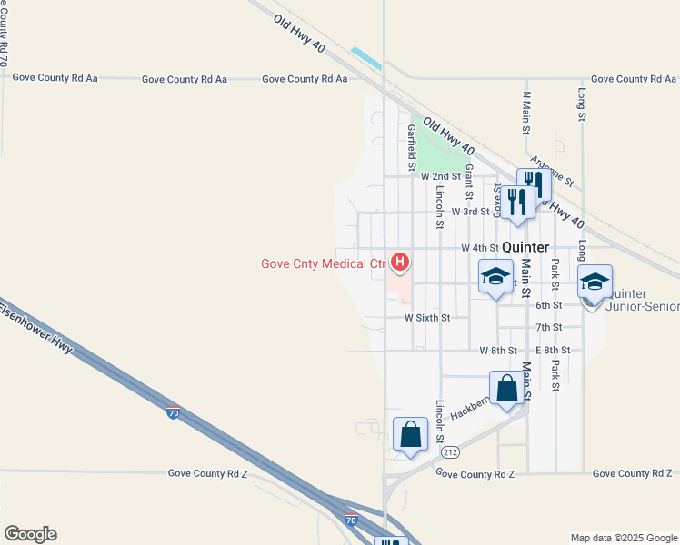 map of restaurants, bars, coffee shops, grocery stores, and more near 414 Parkview Court in Quinter