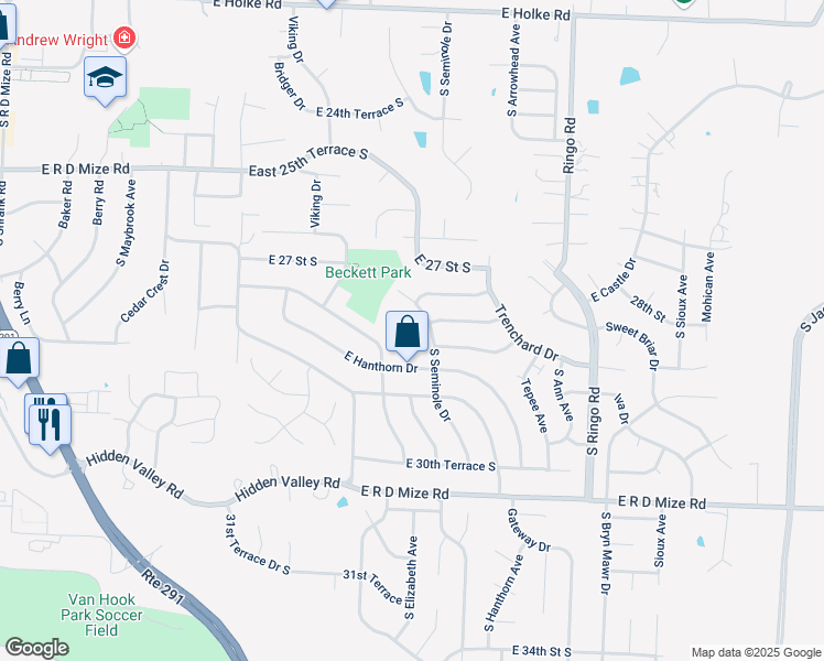 map of restaurants, bars, coffee shops, grocery stores, and more near 2804 South Seminole Drive in Independence