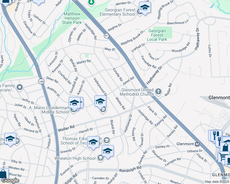 map of restaurants, bars, coffee shops, grocery stores, and more near 12829 Matey Road in Silver Spring