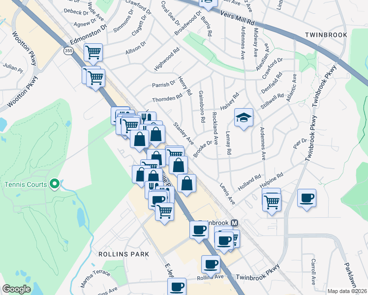 map of restaurants, bars, coffee shops, grocery stores, and more near 1100 Matthews Drive in Rockville