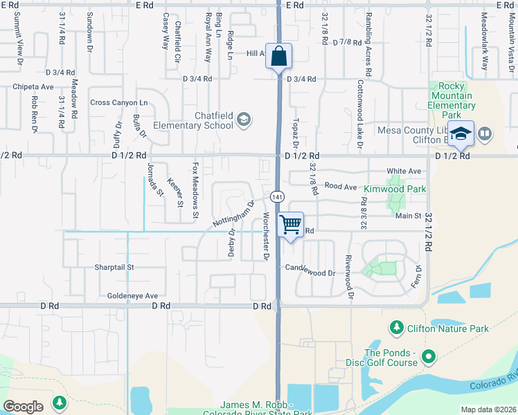 map of restaurants, bars, coffee shops, grocery stores, and more near 435 32 Road in Clifton