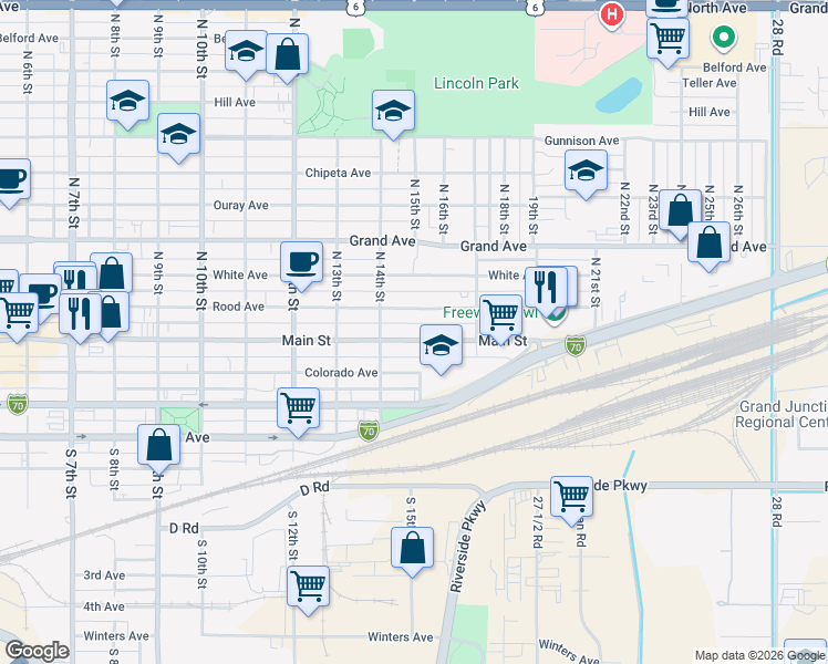 map of restaurants, bars, coffee shops, grocery stores, and more near 1508 Main Street in Grand Junction