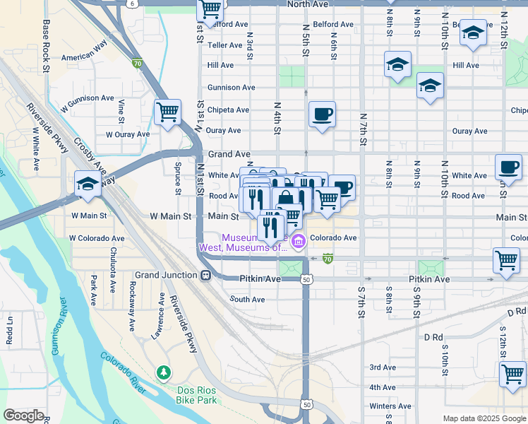map of restaurants, bars, coffee shops, grocery stores, and more near in Grand Junction