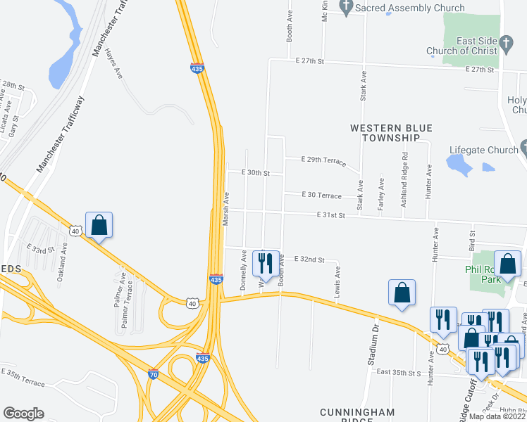 map of restaurants, bars, coffee shops, grocery stores, and more near E 31st St S & Wallace Ave in Kansas City