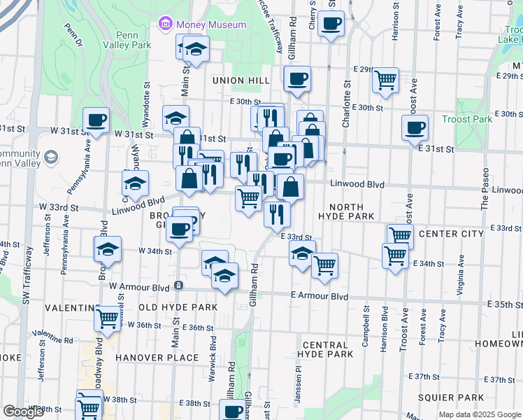 map of restaurants, bars, coffee shops, grocery stores, and more near 241 Linwood Boulevard in Kansas City