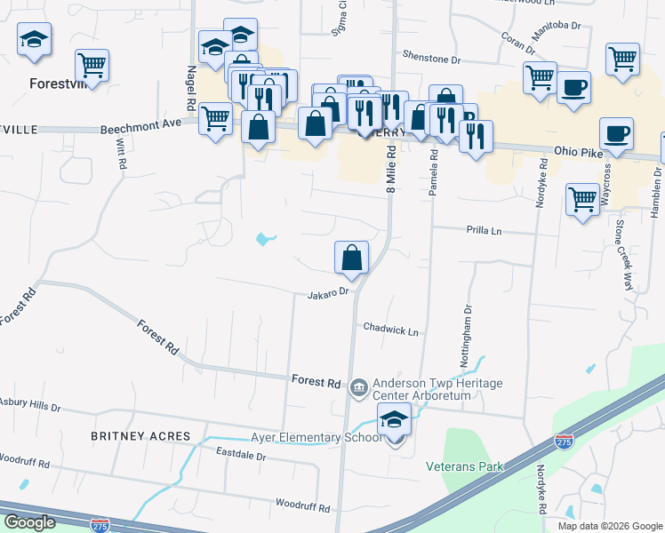 map of restaurants, bars, coffee shops, grocery stores, and more near 8372 Benton Ridge Lane in Cincinnati