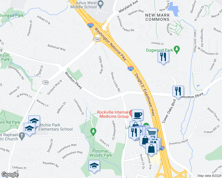 map of restaurants, bars, coffee shops, grocery stores, and more near 910 Willowleaf Way in Rockville