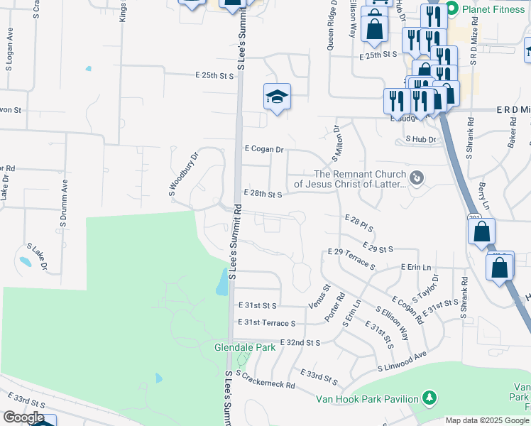 map of restaurants, bars, coffee shops, grocery stores, and more near 16111 East 28th Terrace South in Independence