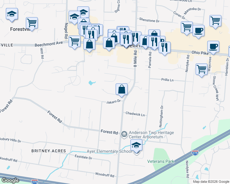 map of restaurants, bars, coffee shops, grocery stores, and more near 8372 Benton Ridge Lane in Cincinnati