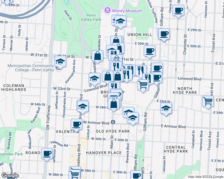 map of restaurants, bars, coffee shops, grocery stores, and more near 3244 Main Street in Kansas City